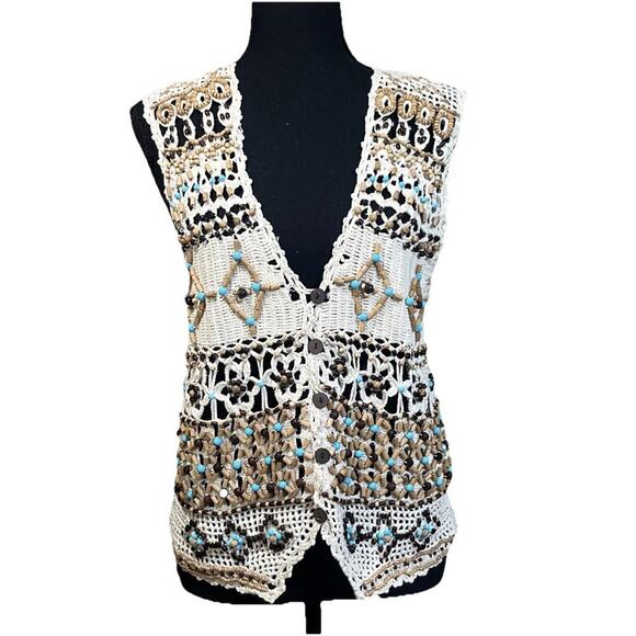 Kenar Sweaters - Vtg Ann Tjian For Kenar Open Knit Crochet Vest Medium Petite Boho Festival